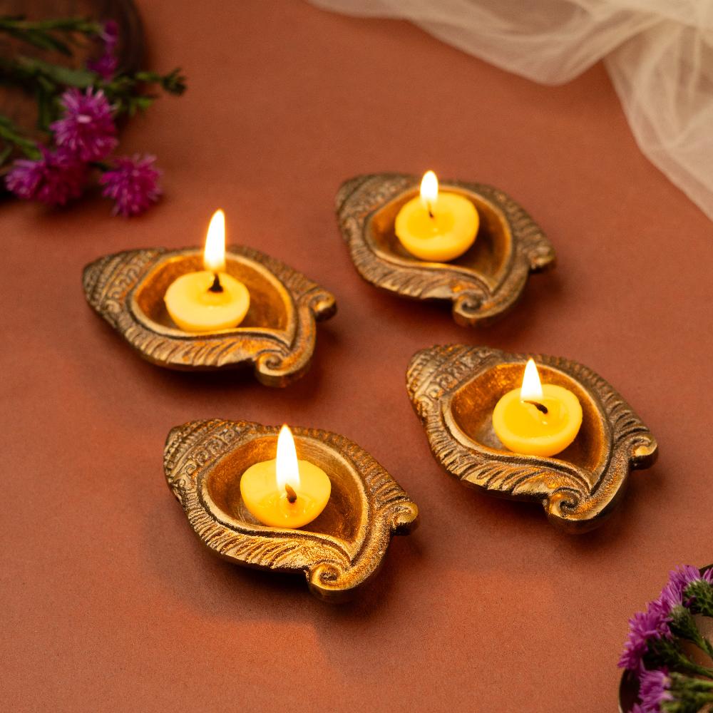 Festive Brass Shankh Diyas- Set of 4- Gift Box