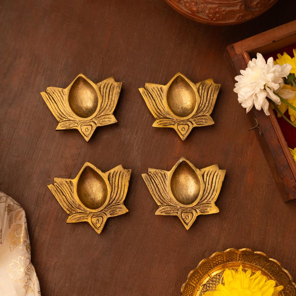 Festive Brass Lotus Diyas- Set of 4- Gift Box