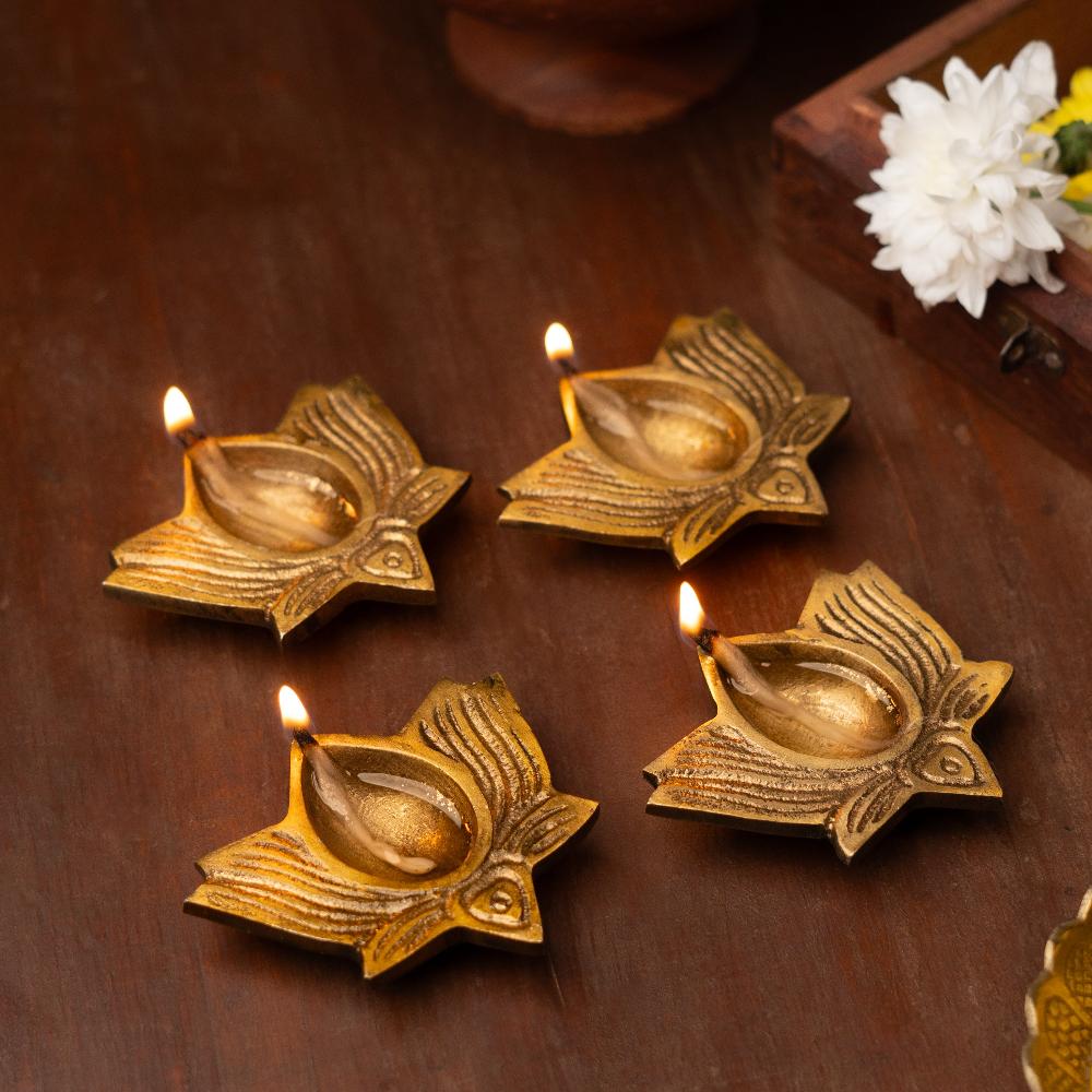 Festive Brass Lotus Diyas- Set of 4- Gift Box