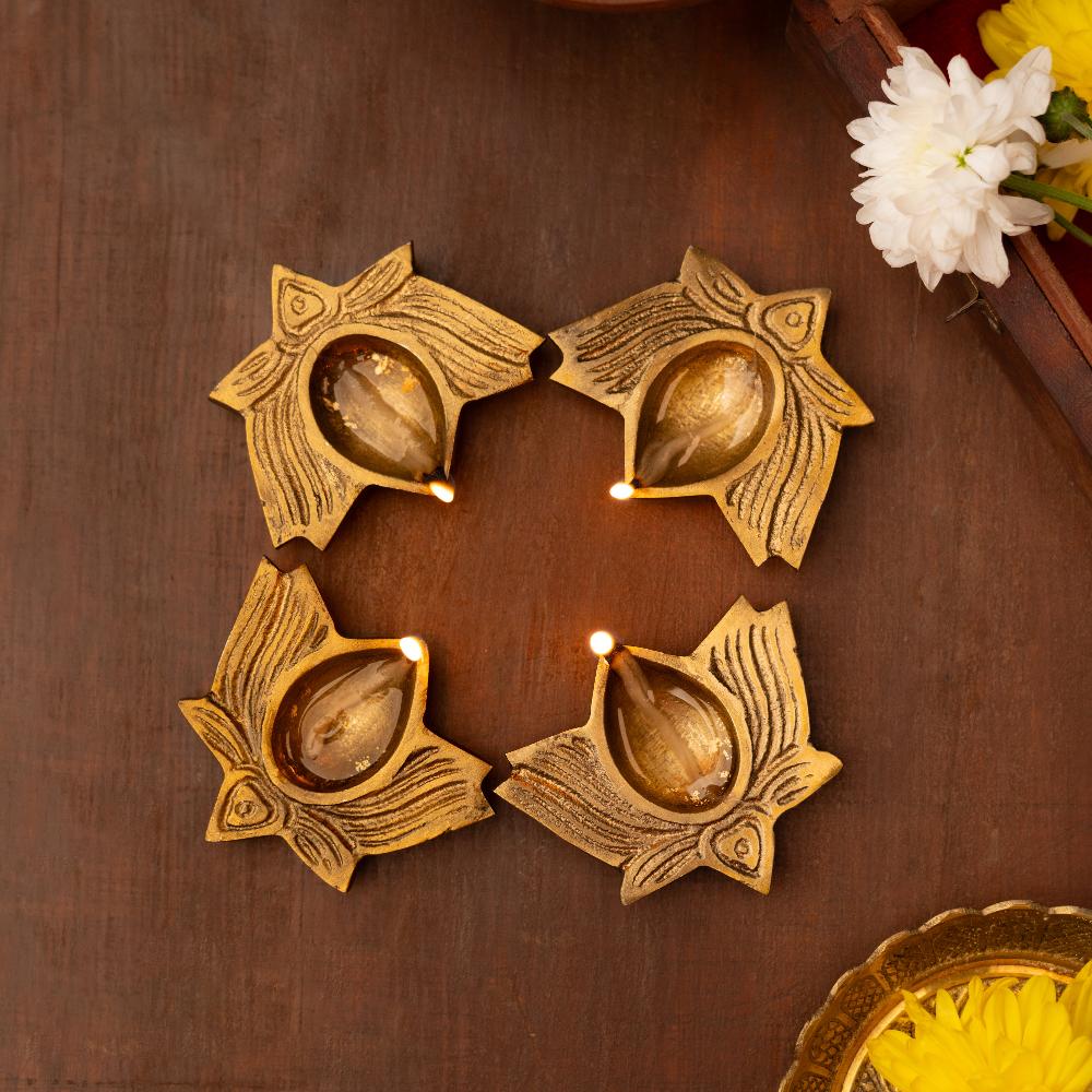 Festive Brass Lotus Diyas- Set of 4- Gift Box