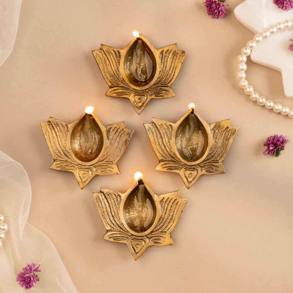 Festive Brass Lotus Diyas- Set of 4- Gift Box