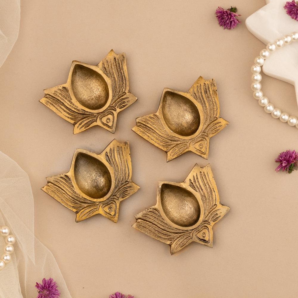 Festive Brass Lotus Diyas- Set of 4- Gift Box