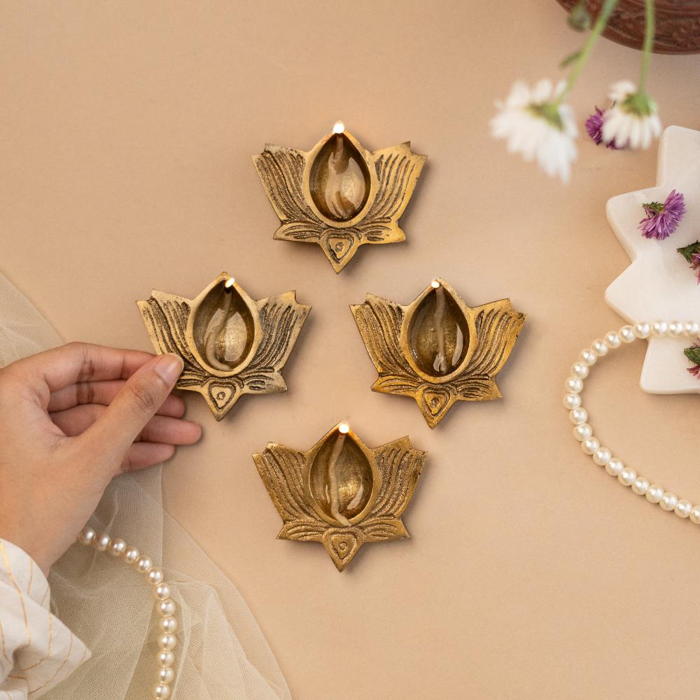 Festive Brass Lotus Diyas- Set of 4- Gift Box