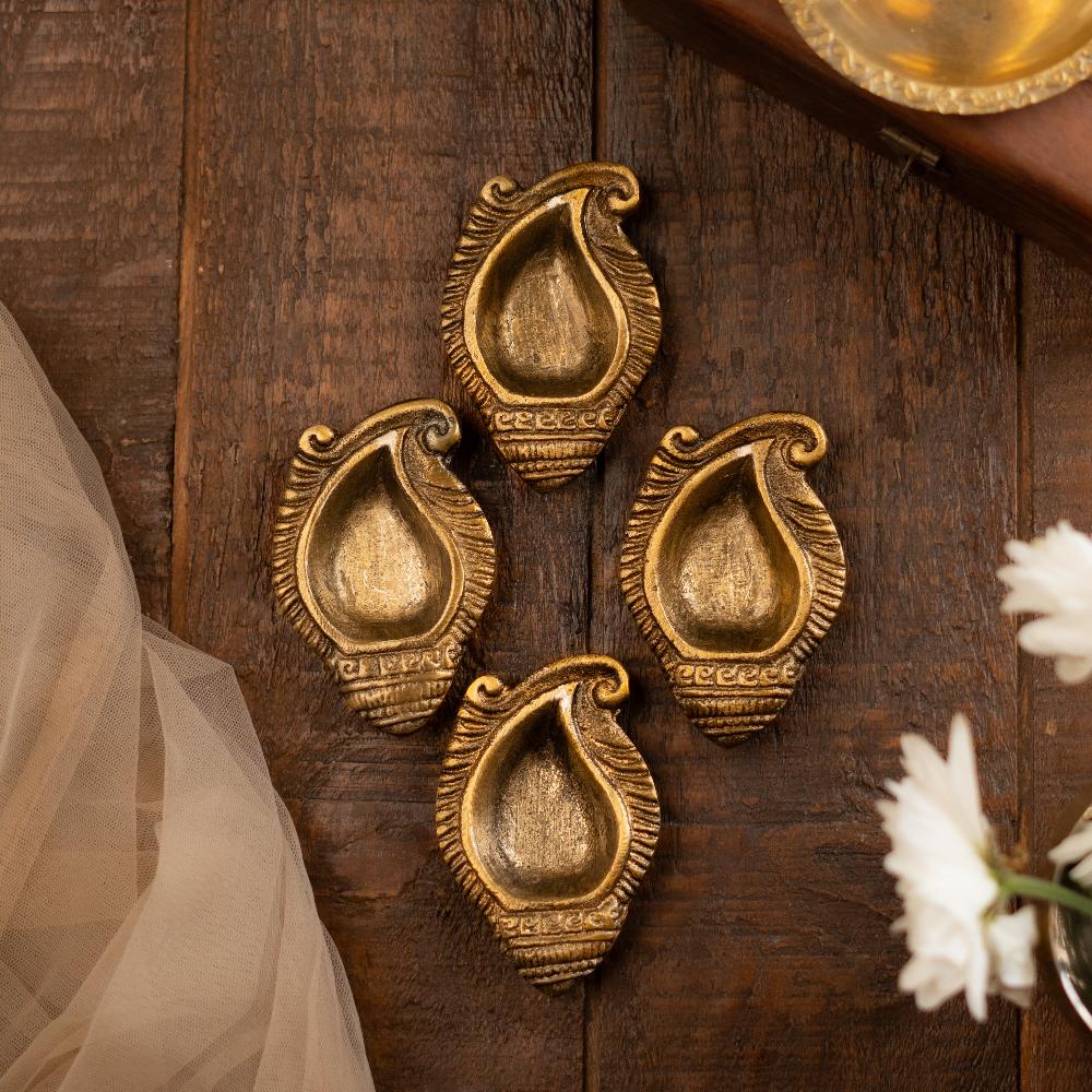 Festive Brass Shankh Diyas- Set of 4- Gift Box